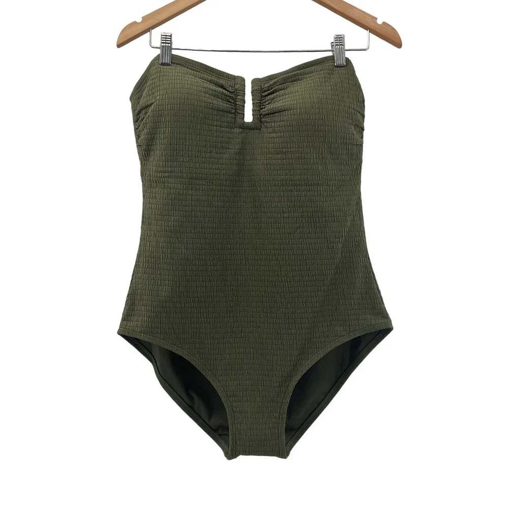 DKNY Womens Olive Green Smocked Strapless Notch One Piece Swimsuit XL NEW - Picture 11 of 13